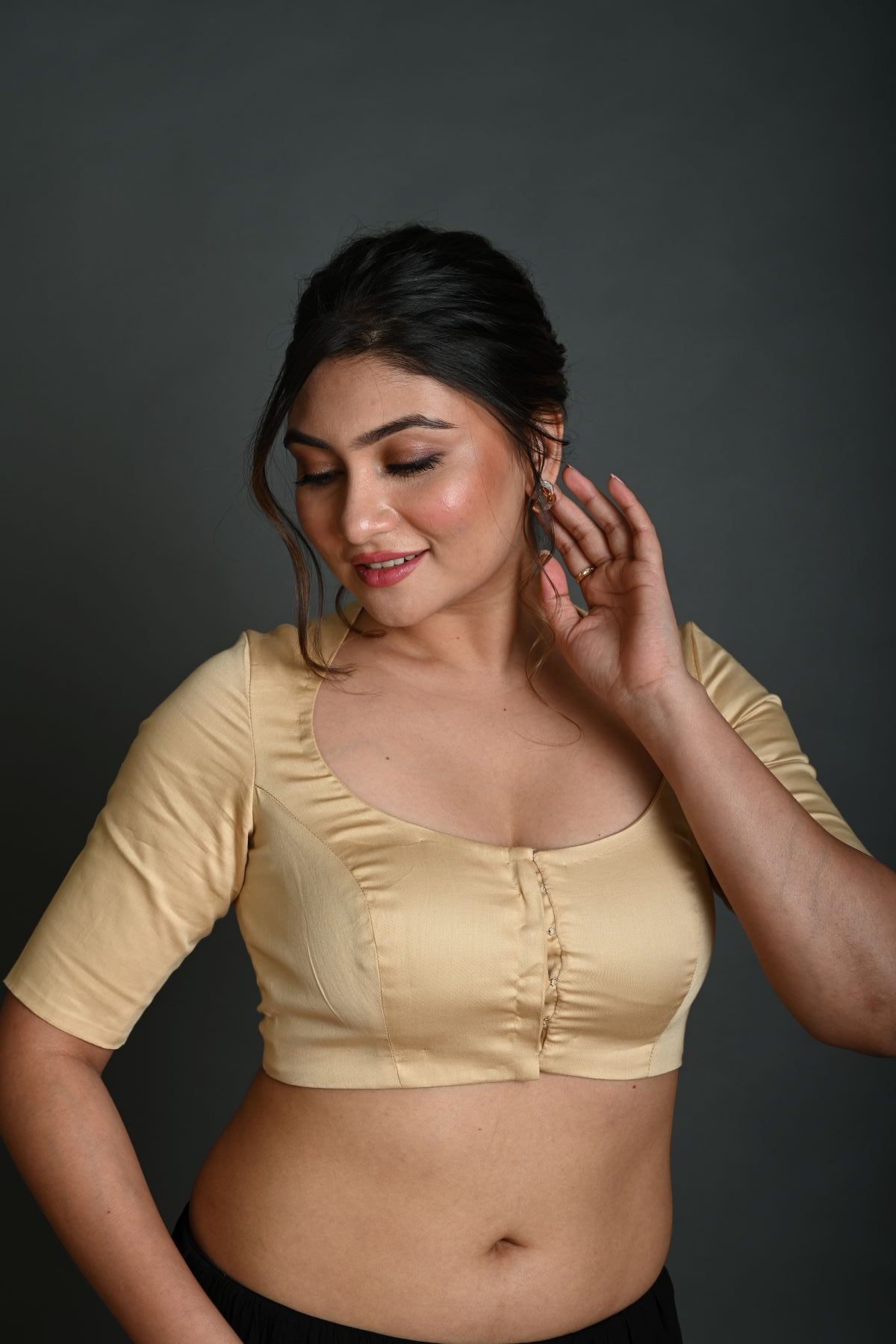 Cream Half Sleeve Blouse in Cotton with Round Neckline - Anvi Couture