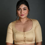 Cream Half Sleeve Blouse in Cotton with Round Neckline - Anvi Couture