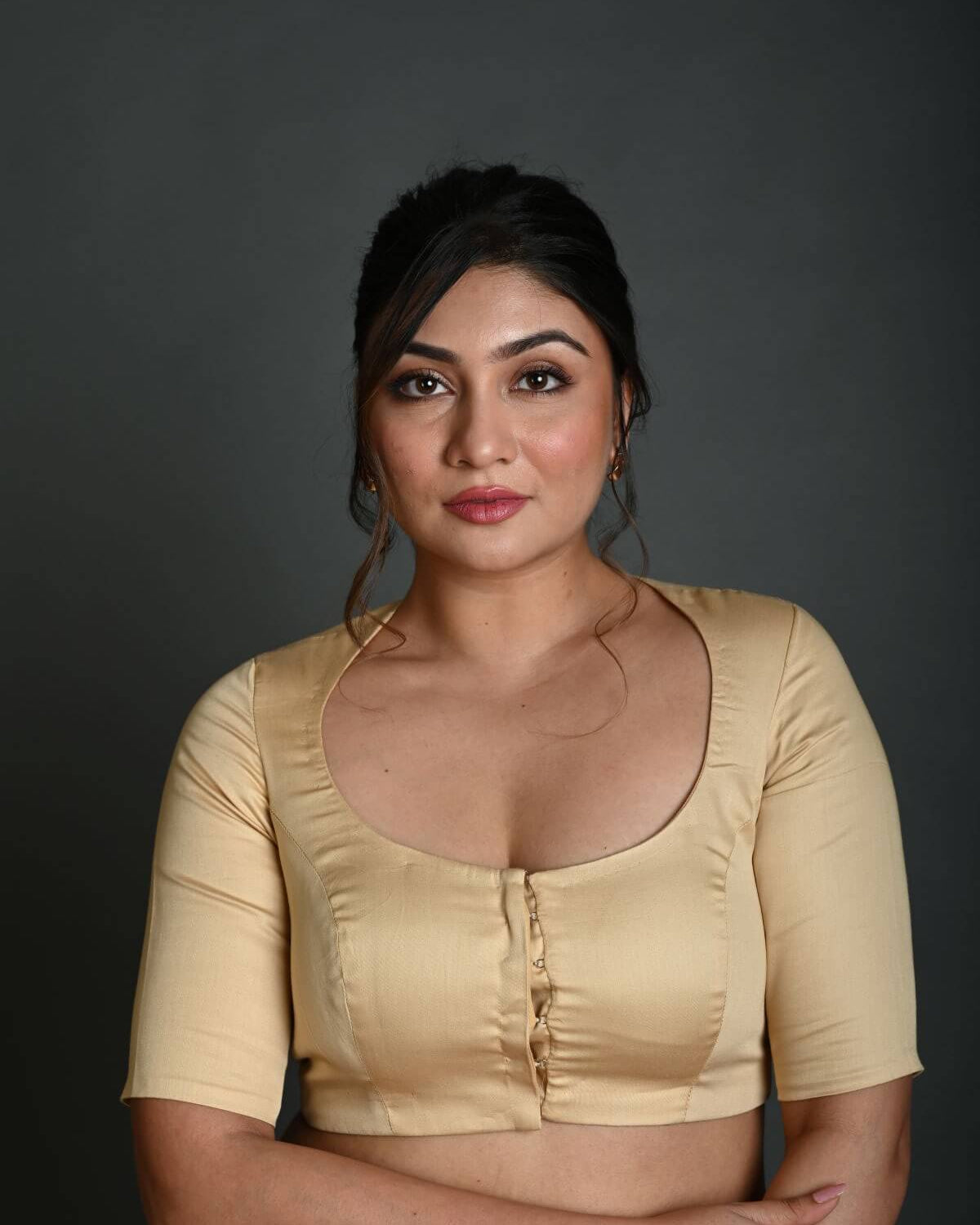 Cream Half Sleeve Blouse in Cotton with Round Neckline - Anvi Couture