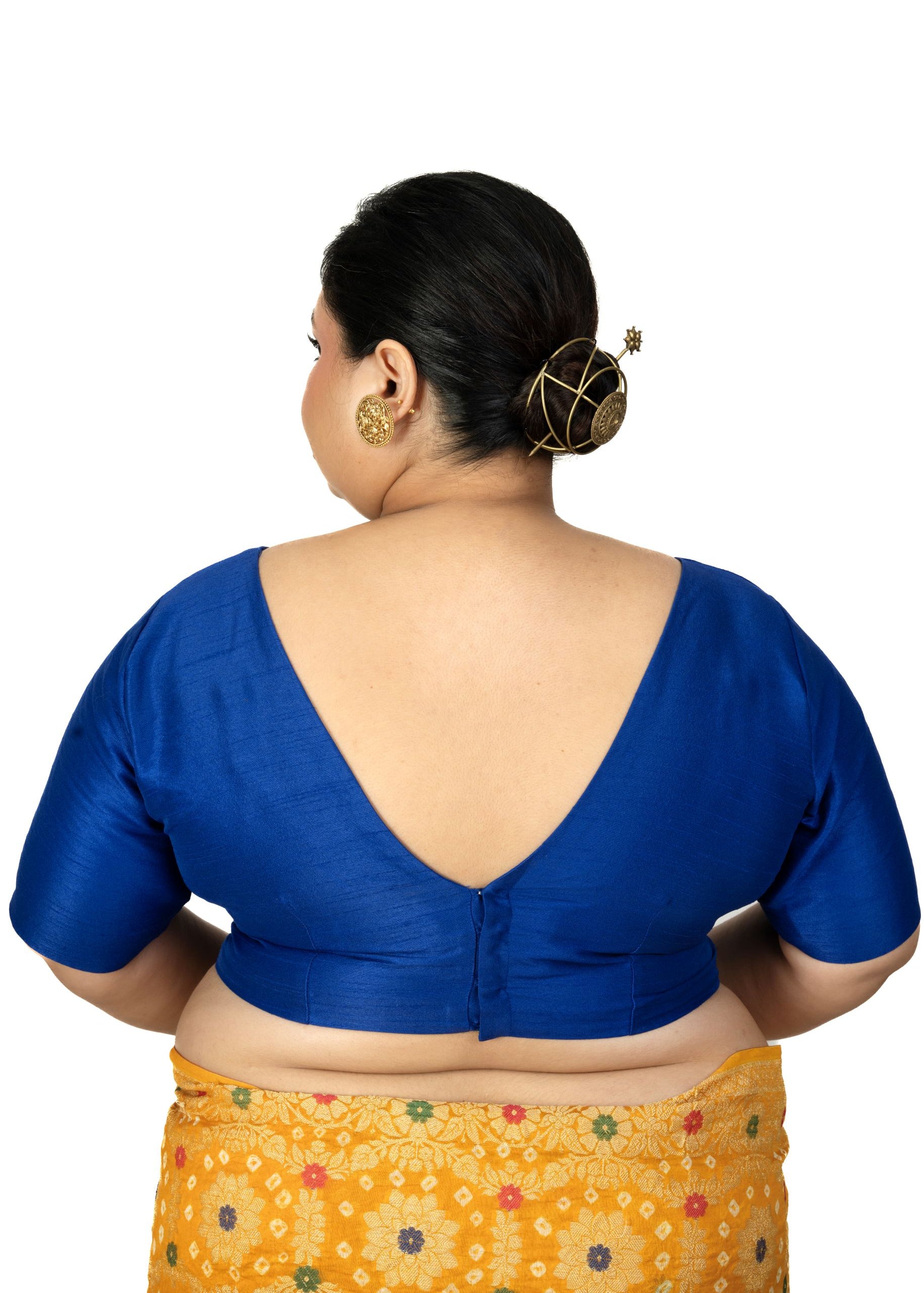 Blue Raw Silk Plus Size V Neckline Blouse with Elbow Sleeves - image 4