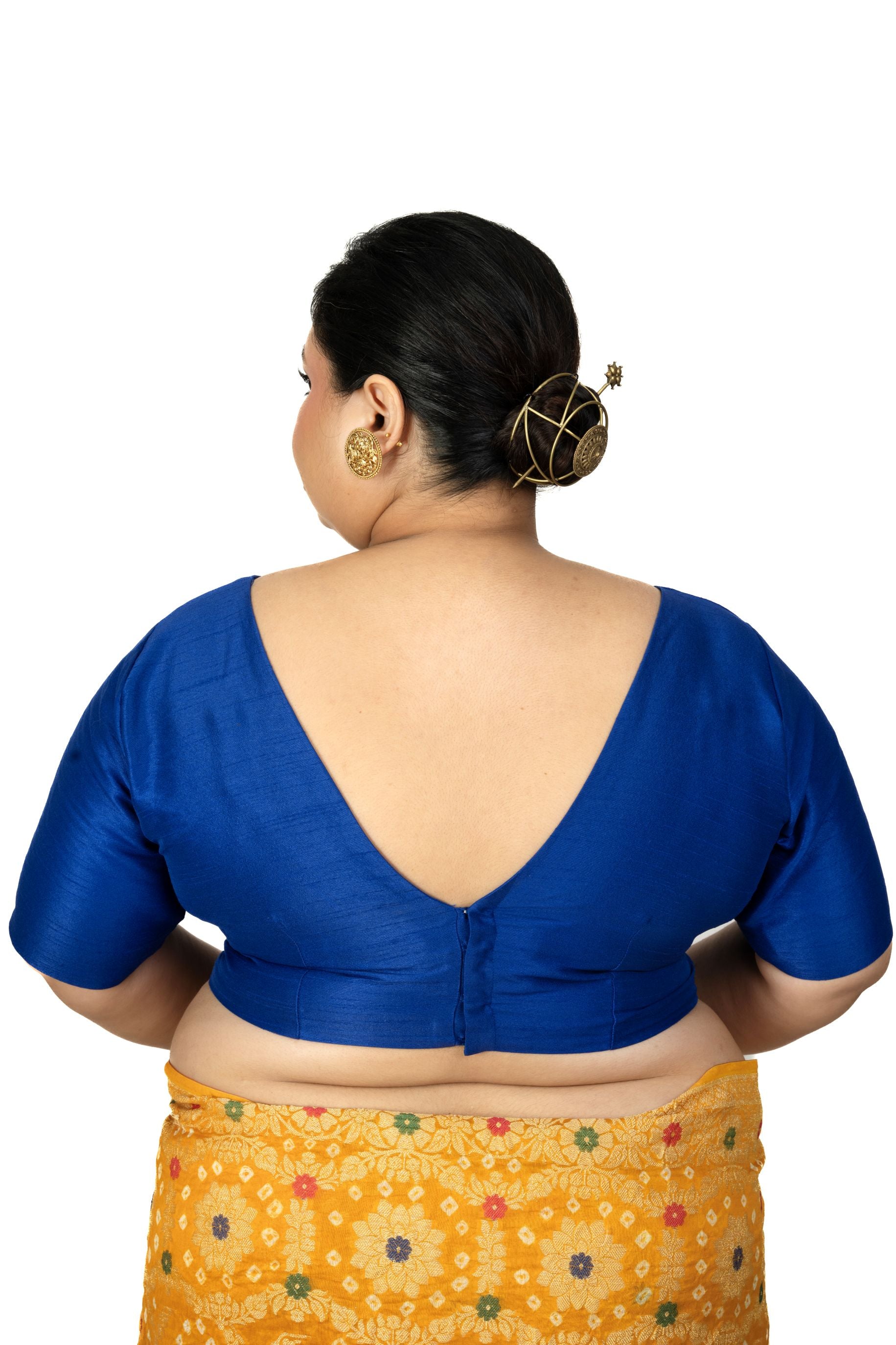 Blue Raw Silk Plus Size V Neckline Blouse with Elbow Sleeves - image 4
