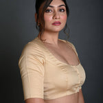 Cream Half Sleeve Blouse in Cotton with Round Neckline - Anvi Couture