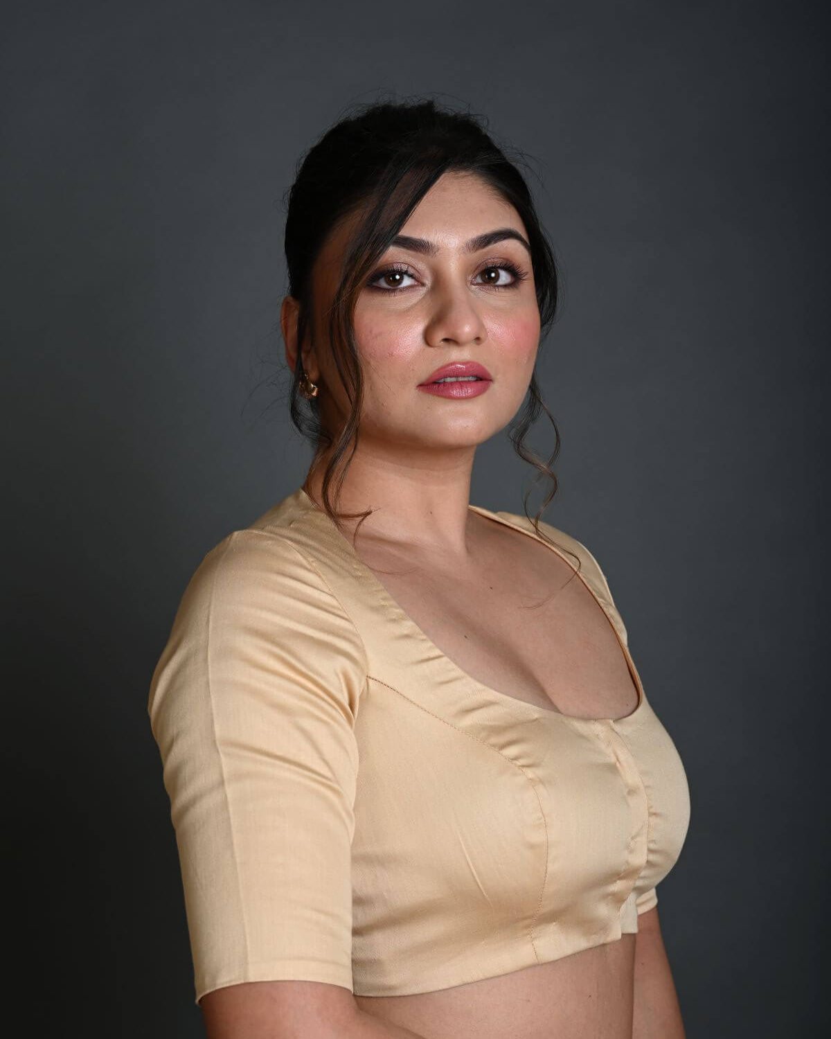Cream Half Sleeve Blouse in Cotton with Round Neckline - Anvi Couture