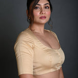 Cream Half Sleeve Blouse in Cotton with Round Neckline - Anvi Couture