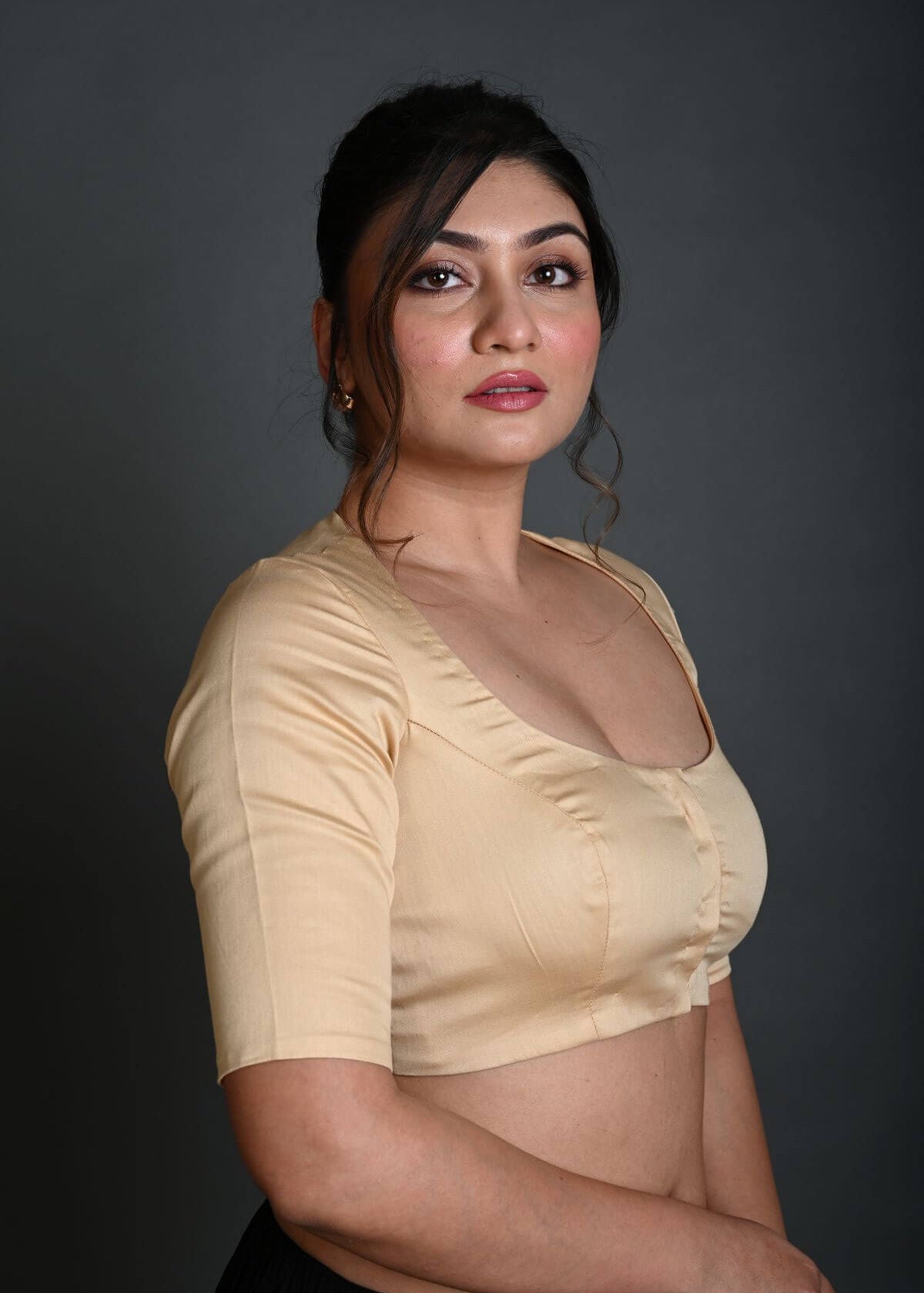 Cream Half Sleeve Blouse in Cotton with Round Neckline - Anvi Couture