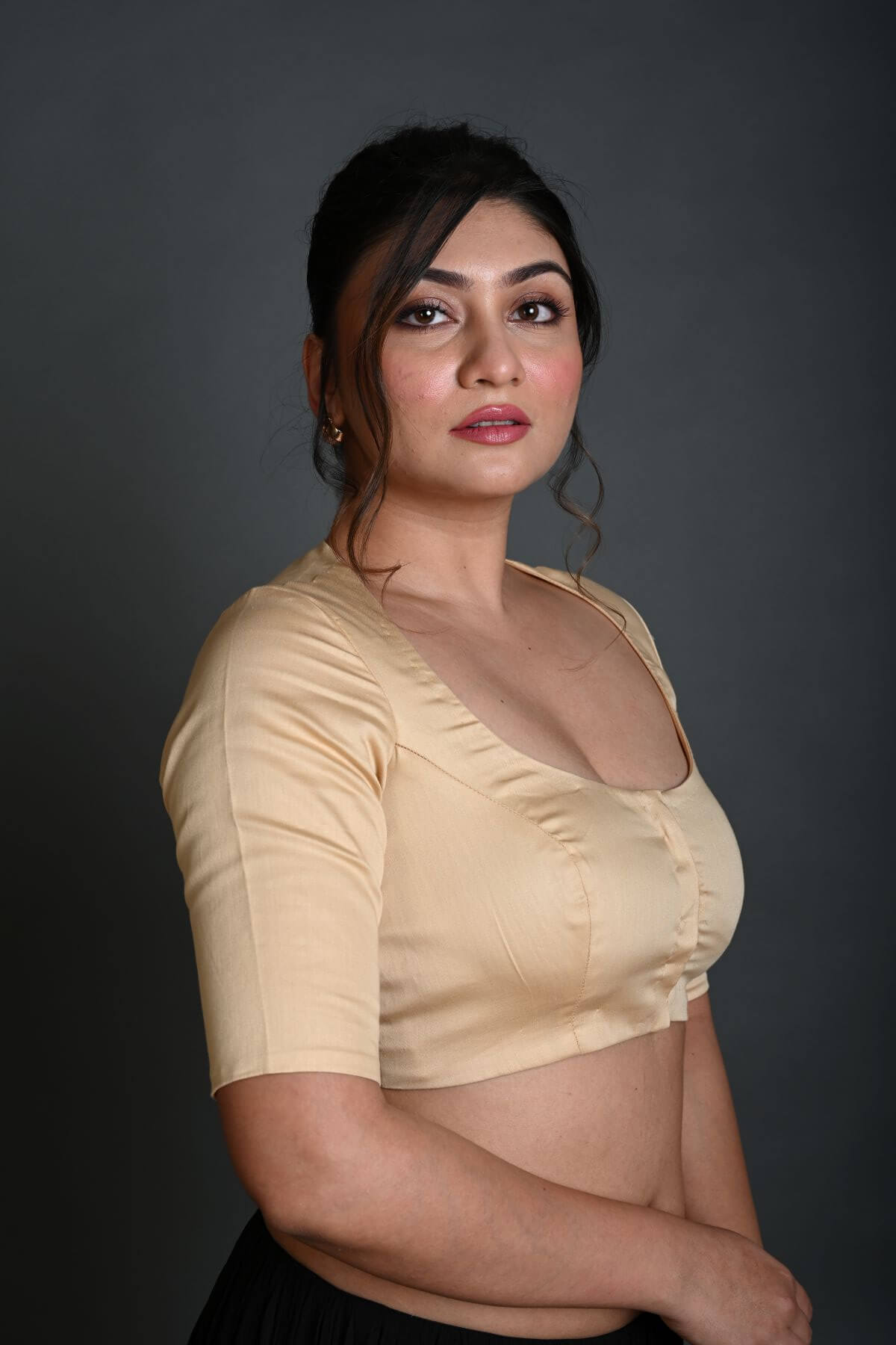 Cream Half Sleeve Blouse in Cotton with Round Neckline - Anvi Couture