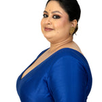 Blue Raw Silk Plus Size V Neckline Blouse with Elbow Sleeves - image 2