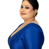 Blue Raw Silk Plus Size V Neckline Blouse with Elbow Sleeves - image 2