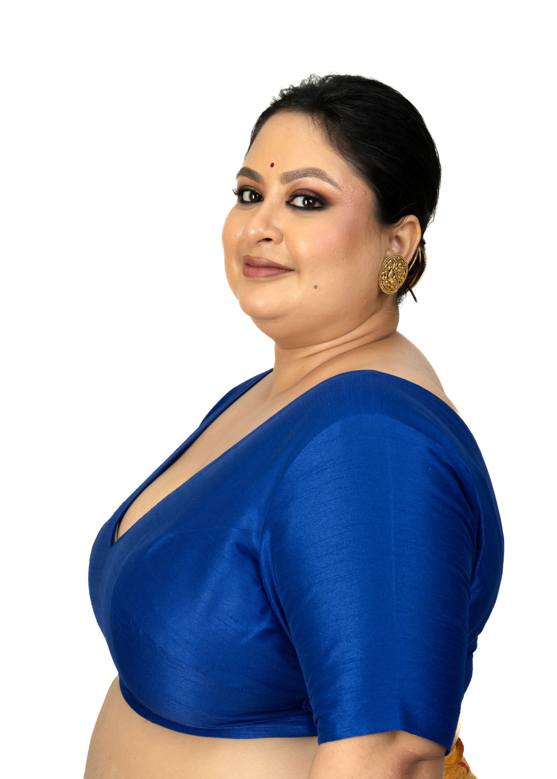 Blue Raw Silk Plus Size V Neckline Blouse with Elbow Sleeves - image 2
