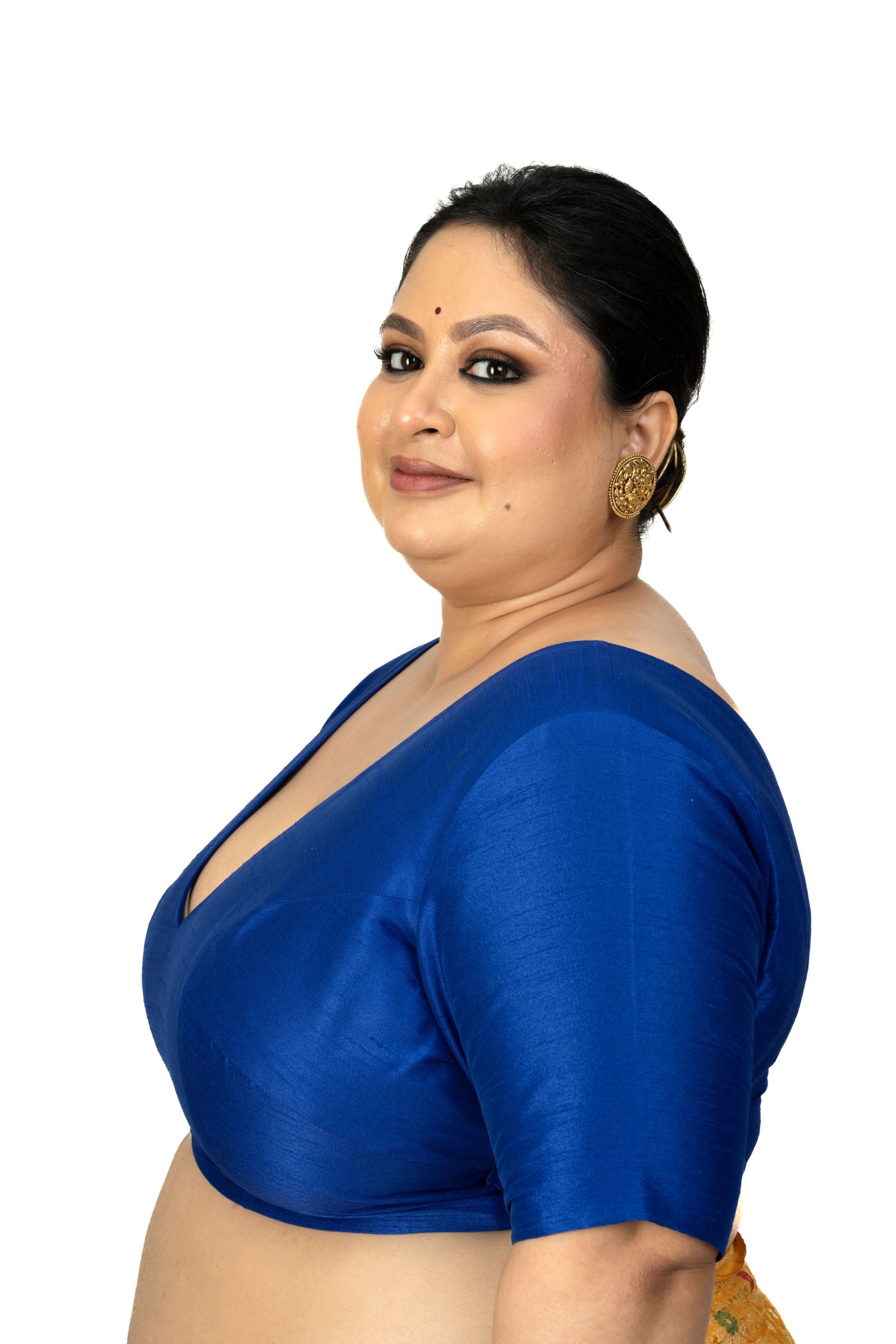 Blue Raw Silk Plus Size V Neckline Blouse with Elbow Sleeves - image 2