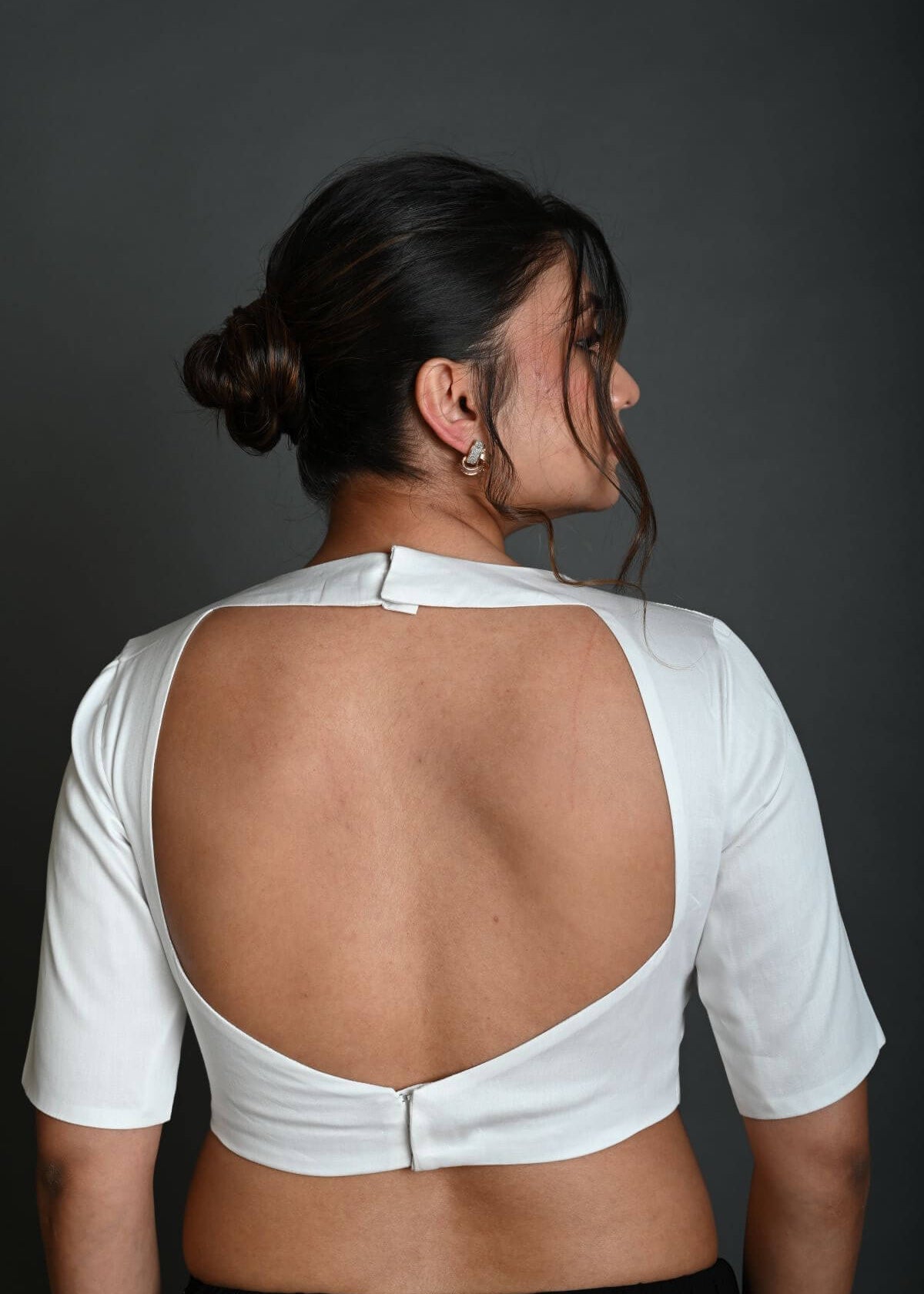 White Half Sleeve Blouse in Cotton with Square Neckline and Strappy Back Hook Closure - Anvi Couture