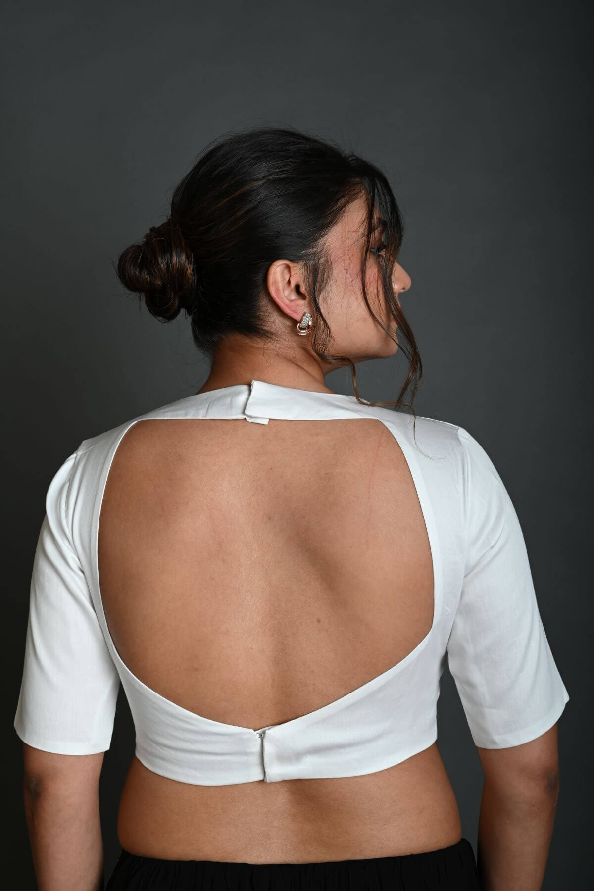 White Half Sleeve Blouse in Cotton with Square Neckline and Strappy Back Hook Closure - Anvi Couture