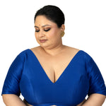 Blue Raw Silk Plus Size V Neckline Blouse with Elbow Sleeves - image 1