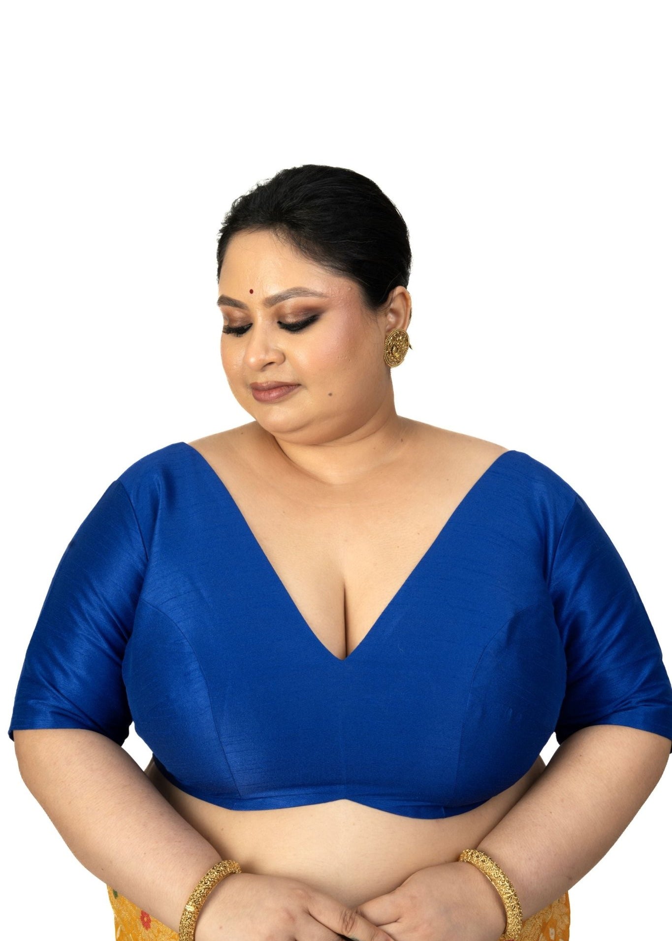 Blue Raw Silk Plus Size V Neckline Blouse with Elbow Sleeves - Anvi Couture