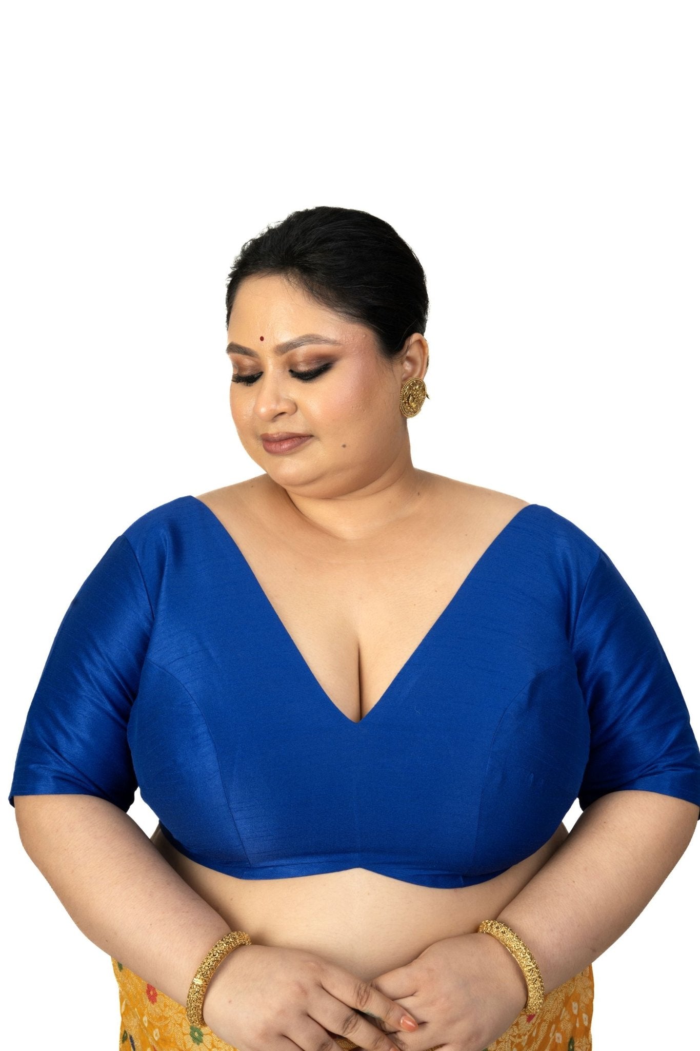 Blue Raw Silk Plus Size V Neckline Blouse with Elbow Sleeves - Anvi Couture