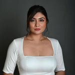 White Half Sleeve Blouse in Cotton with Square Neckline and Strappy Back Hook Closure - Anvi Couture