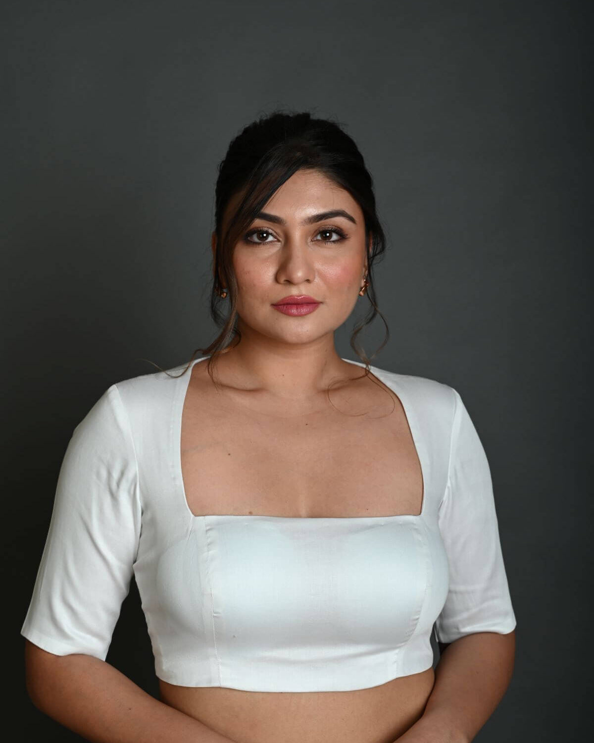 White Half Sleeve Blouse in Cotton with Square Neckline and Strappy Back Hook Closure - Anvi Couture