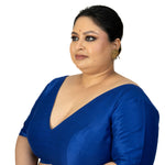 Blue Raw Silk Plus Size V Neckline Blouse with Elbow Sleeves - image 3