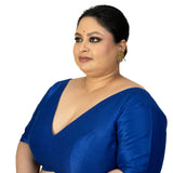 Blue Raw Silk Plus Size V Neckline Blouse with Elbow Sleeves - image 3