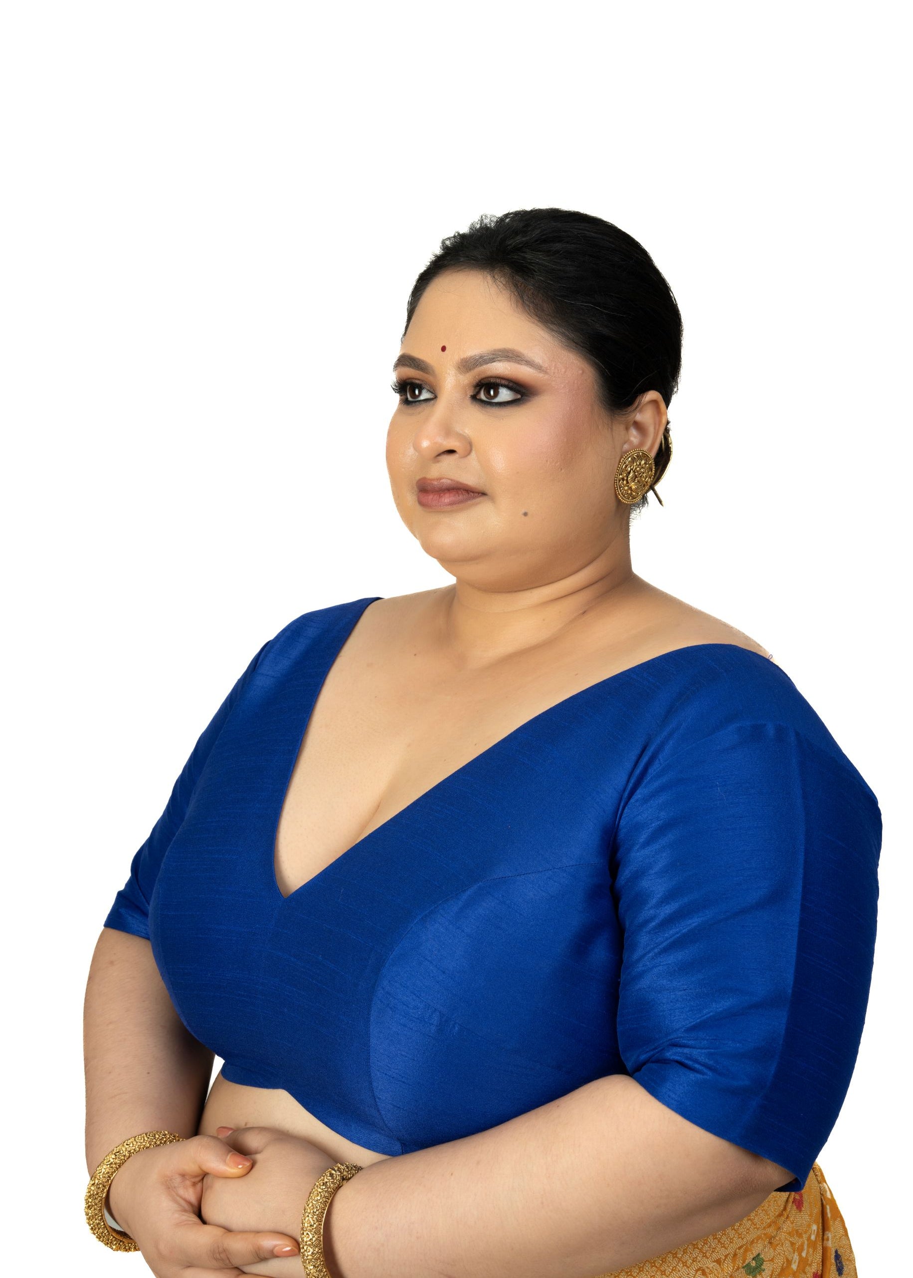 Blue Raw Silk Plus Size V Neckline Blouse with Elbow Sleeves - image 3