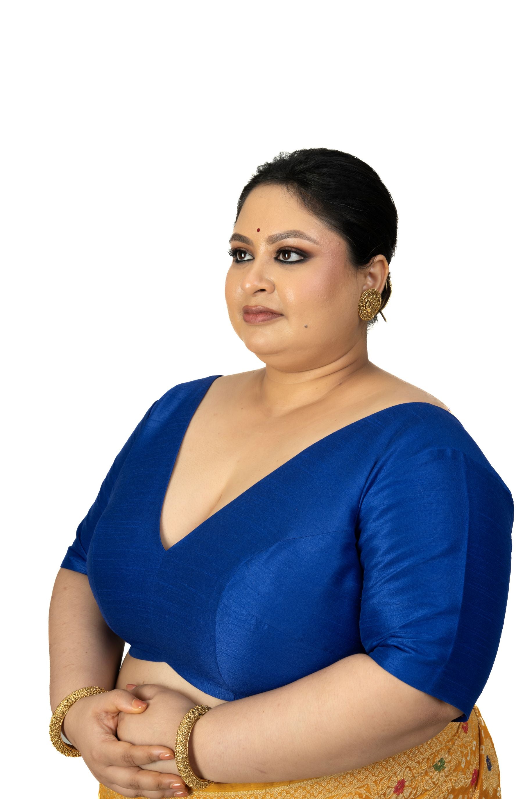 Blue Raw Silk Plus Size V Neckline Blouse with Elbow Sleeves - image 3