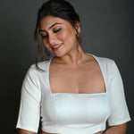 White Half Sleeve Blouse in Cotton with Square Neckline and Strappy Back Hook Closure - Anvi Couture