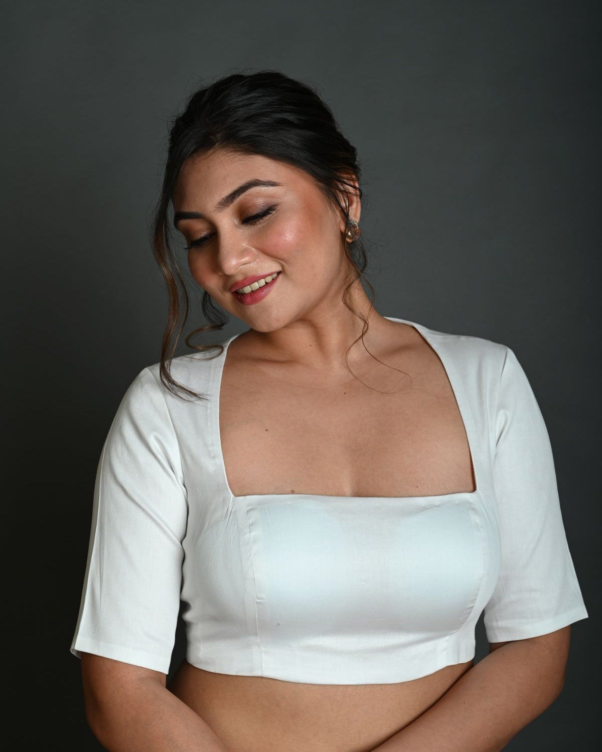White Half Sleeve Blouse in Cotton with Square Neckline and Strappy Back Hook Closure - Anvi Couture