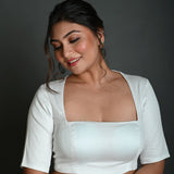 White Half Sleeve Blouse in Cotton with Square Neckline and Strappy Back Hook Closure - Anvi Couture