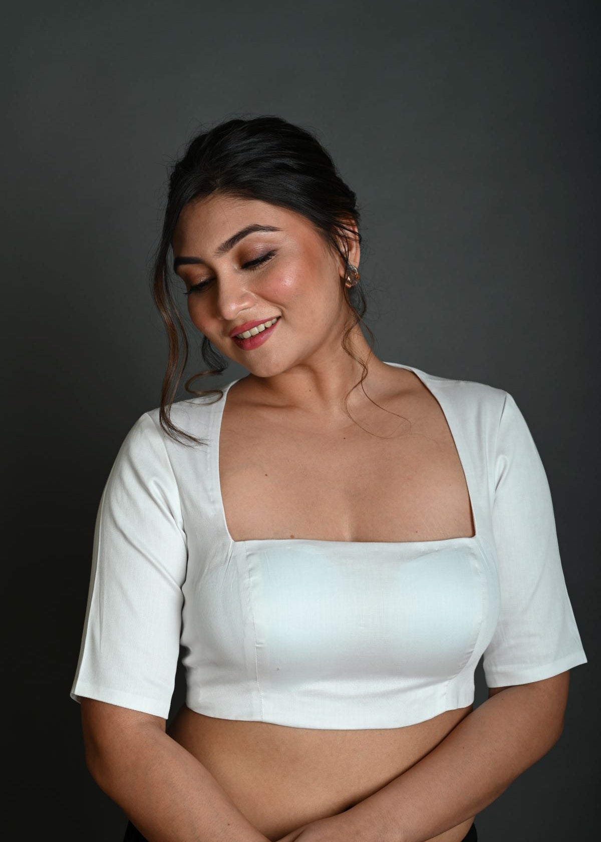 White Half Sleeve Blouse in Cotton with Square Neckline and Strappy Back Hook Closure - Anvi Couture