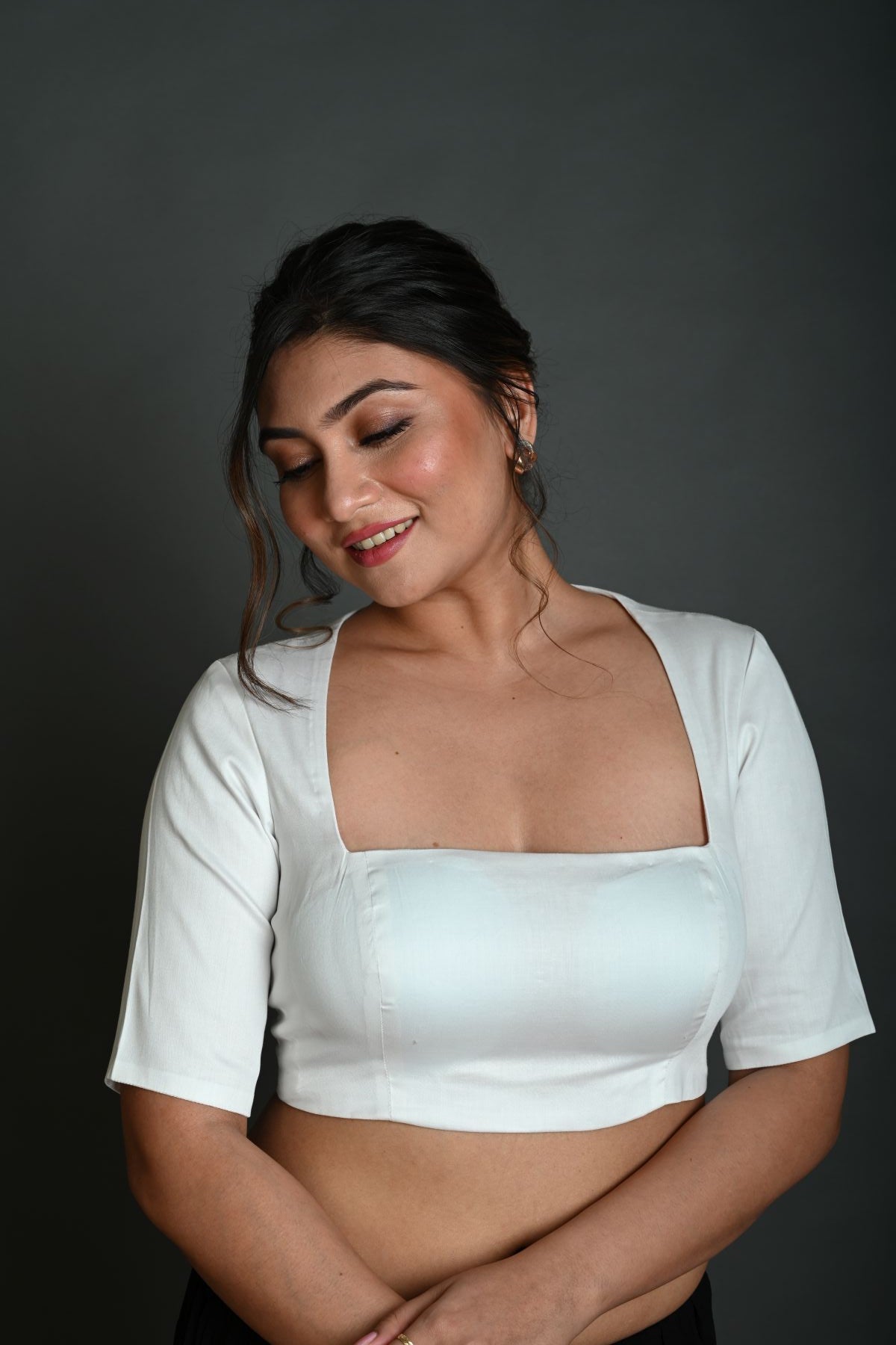 White Half Sleeve Blouse in Cotton with Square Neckline and Strappy Back Hook Closure - Anvi Couture