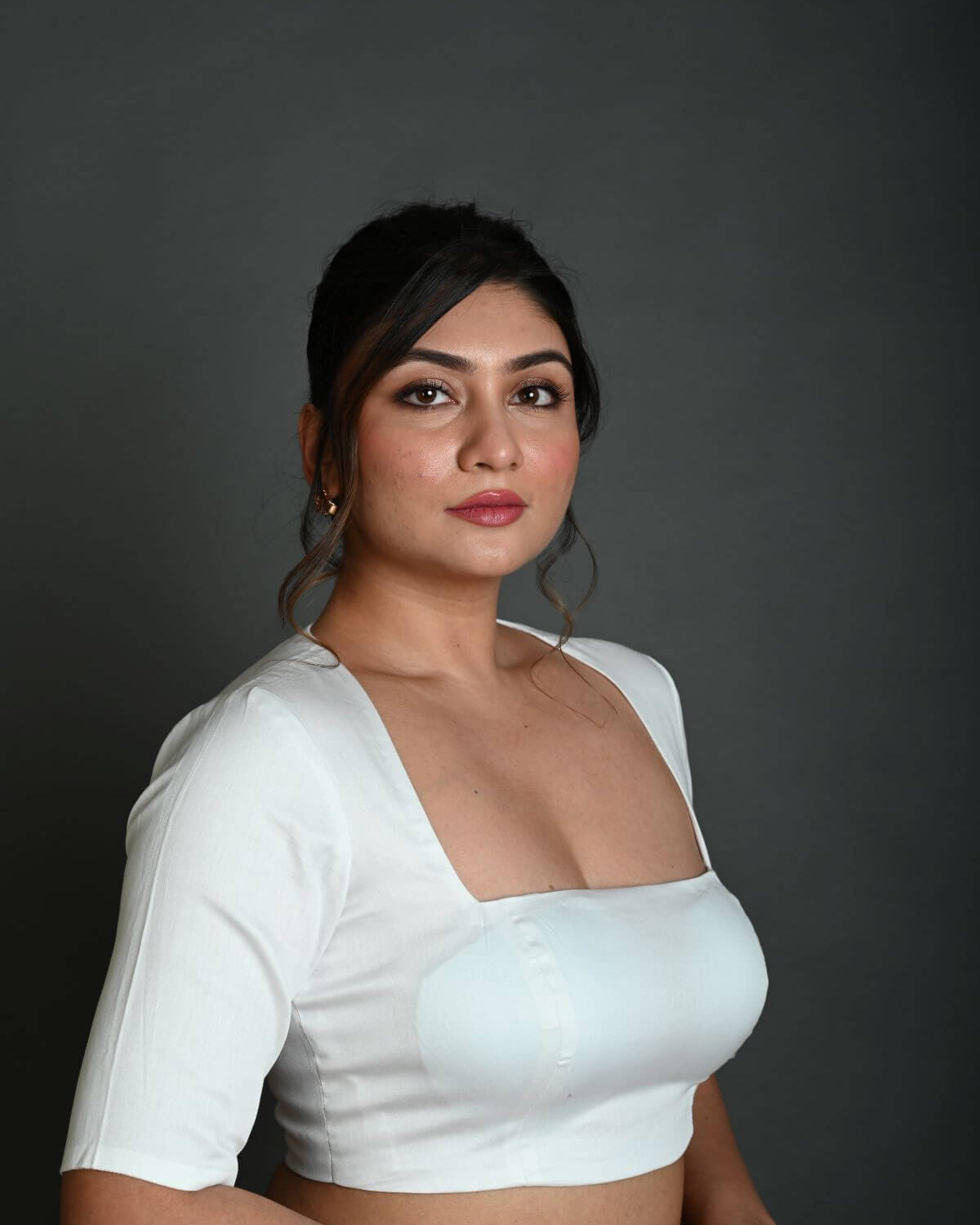 White Half Sleeve Blouse in Cotton with Square Neckline and Strappy Back Hook Closure - Anvi Couture