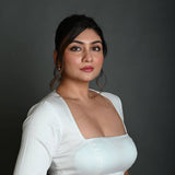 White Half Sleeve Blouse in Cotton with Square Neckline and Strappy Back Hook Closure - Anvi Couture