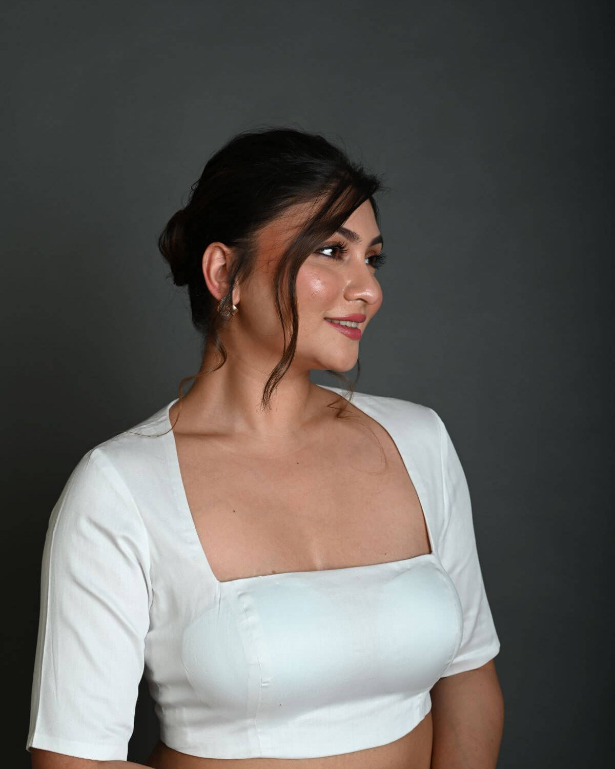 White Half Sleeve Blouse in Cotton with Square Neckline and Strappy Back Hook Closure - Anvi Couture