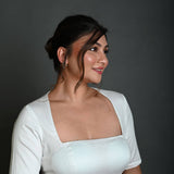 White Half Sleeve Blouse in Cotton with Square Neckline and Strappy Back Hook Closure - Anvi Couture