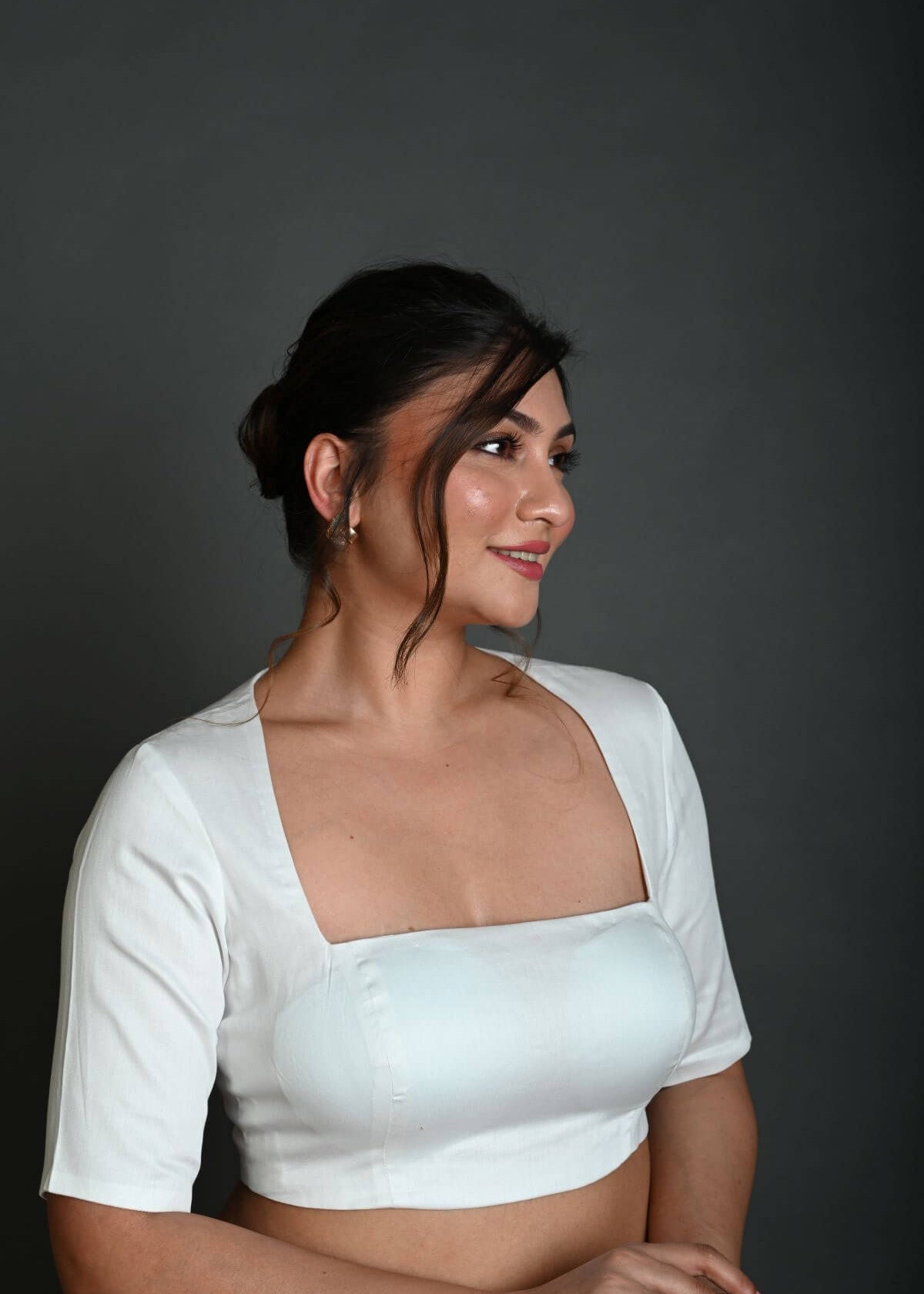 White Half Sleeve Blouse in Cotton with Square Neckline and Strappy Back Hook Closure - Anvi Couture