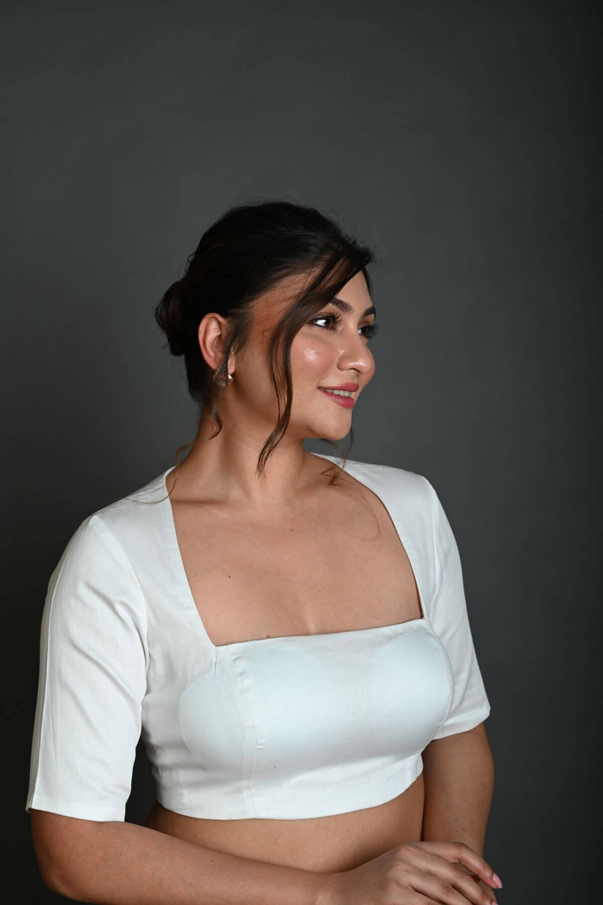 White Half Sleeve Blouse in Cotton with Square Neckline and Strappy Back Hook Closure - Anvi Couture