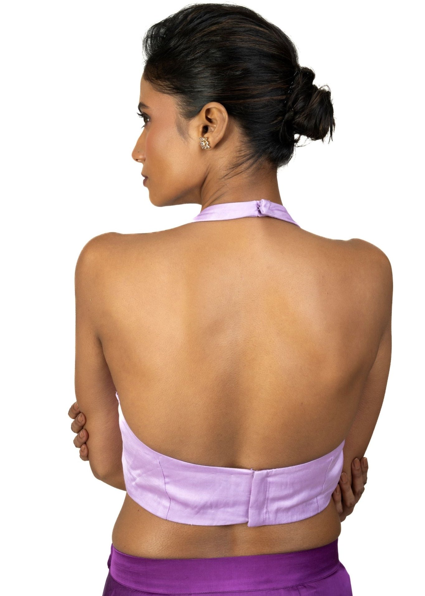 Light Purple Halter Neck Saree Blouse in Crepe Silk - Anvi Couture