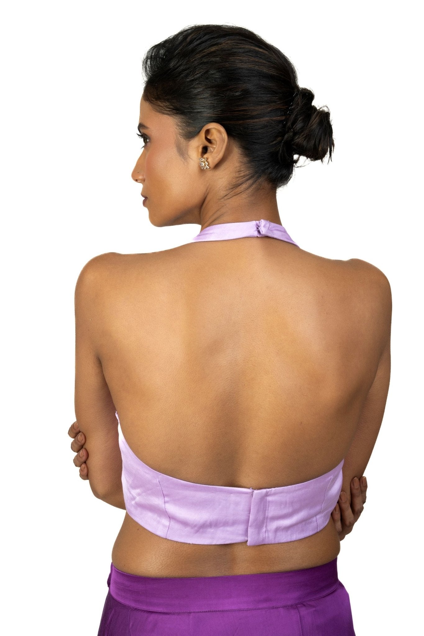 Light Purple Halter Neck Saree Blouse in Crepe Silk - Anvi Couture