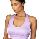 Light Purple Halter Neck Saree Blouse in Crepe Silk - Anvi Couture