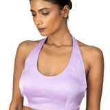 Light Purple Halter Neck Saree Blouse in Crepe Silk - Anvi Couture