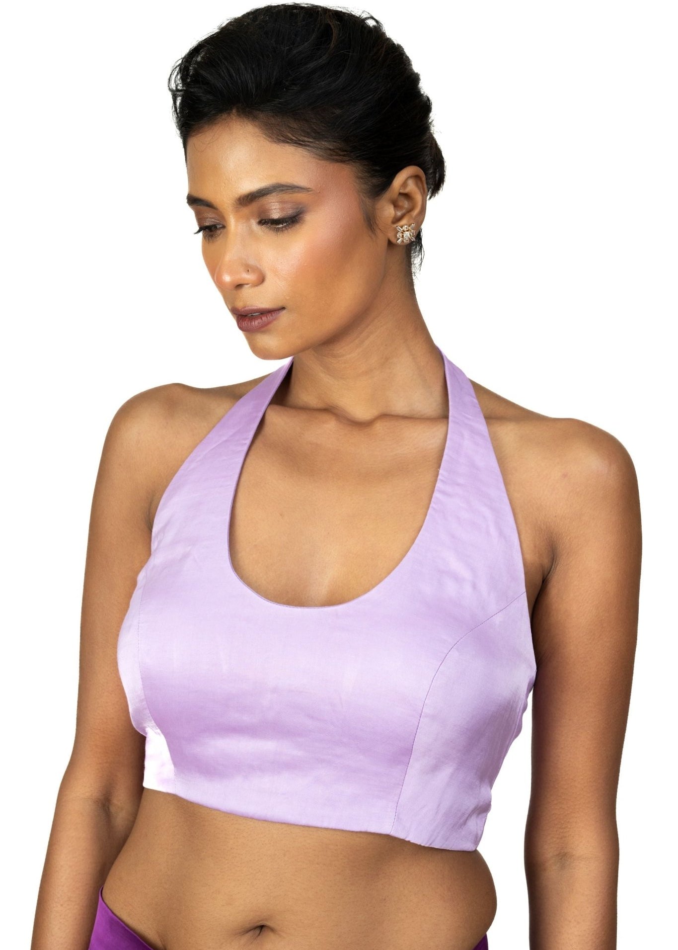 Light Purple Halter Neck Saree Blouse in Crepe Silk - Anvi Couture