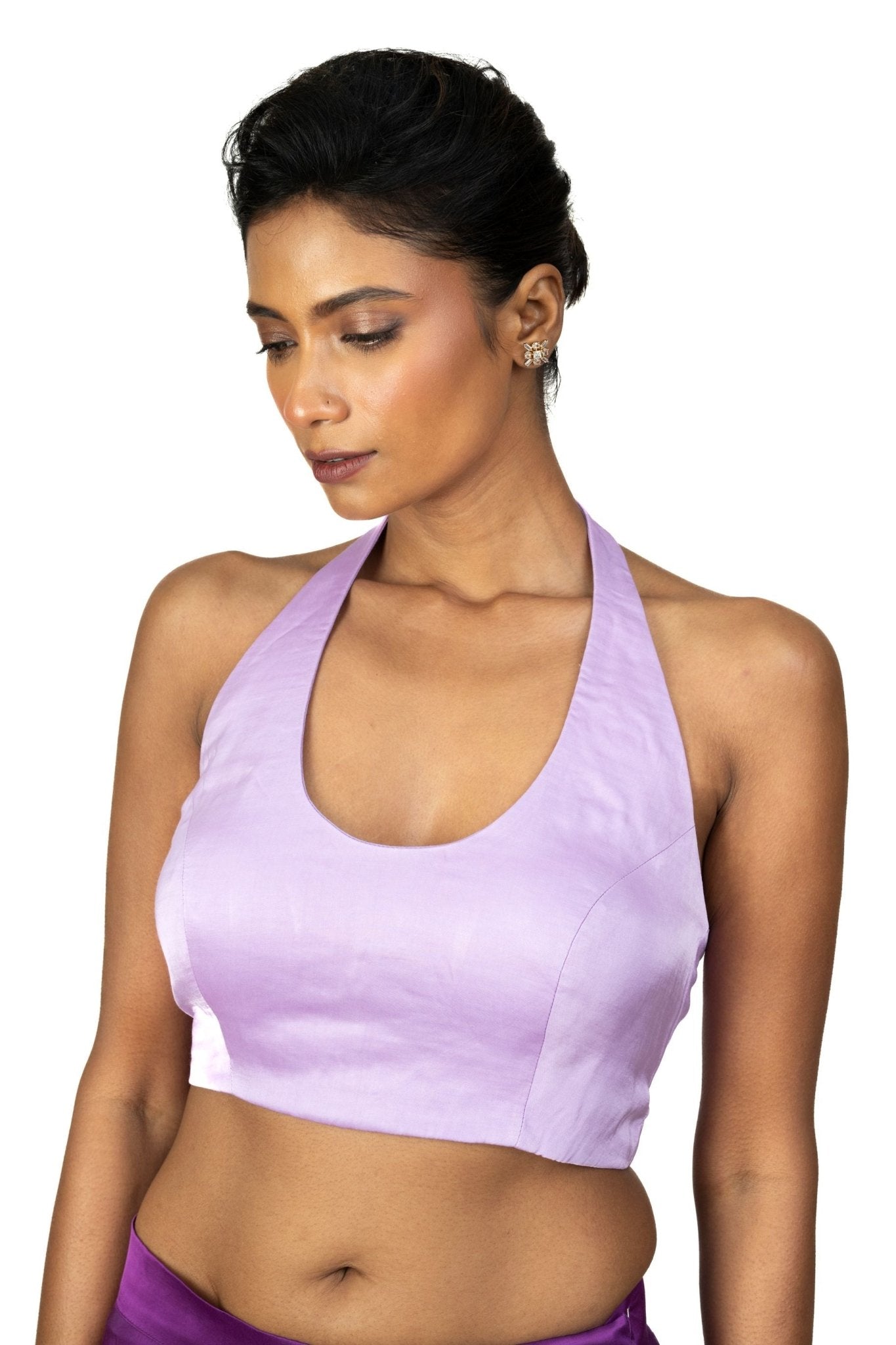 Light Purple Halter Neck Saree Blouse in Crepe Silk - Anvi Couture