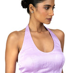 Light Purple Halter Neck Saree Blouse in Crepe Silk - Anvi Couture