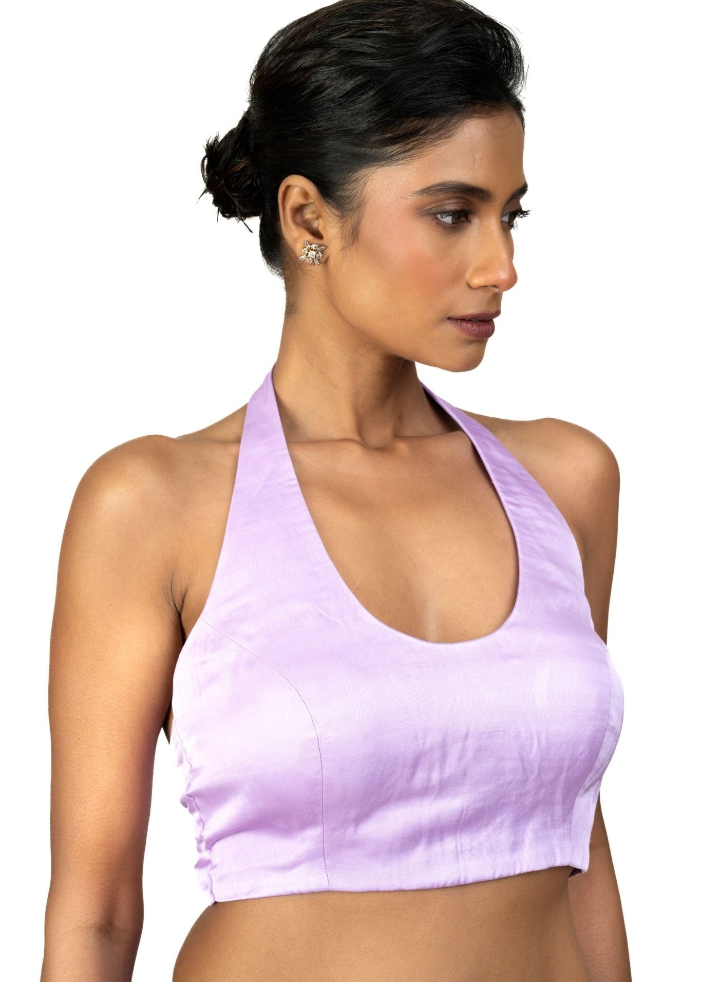 Light Purple Halter Neck Saree Blouse in Crepe Silk - Anvi Couture