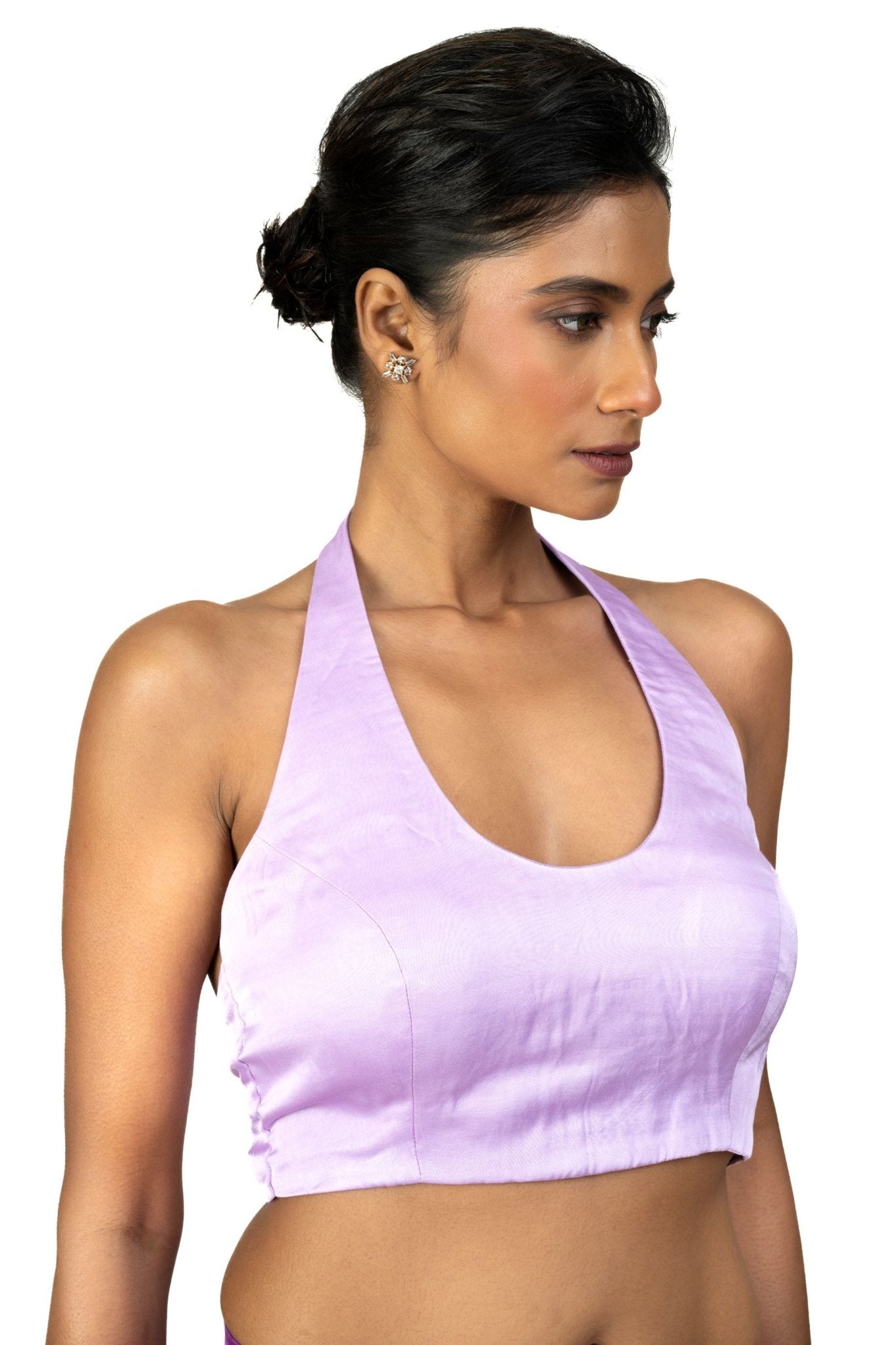 Light Purple Halter Neck Saree Blouse in Crepe Silk - Anvi Couture