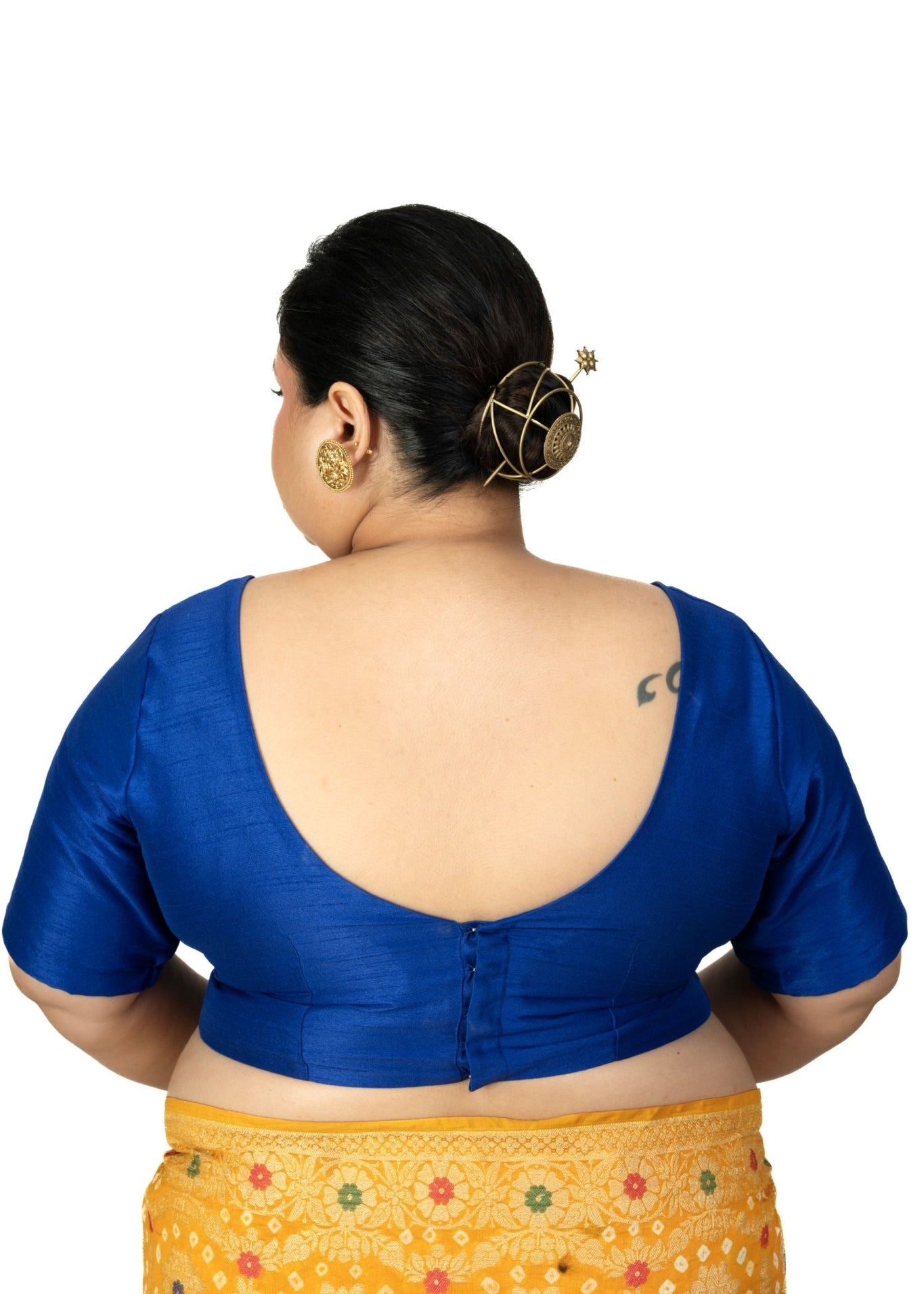 Blue Raw Silk Sweetheart Neckline Blouse with Elbow Sleeves - Anvi Couture