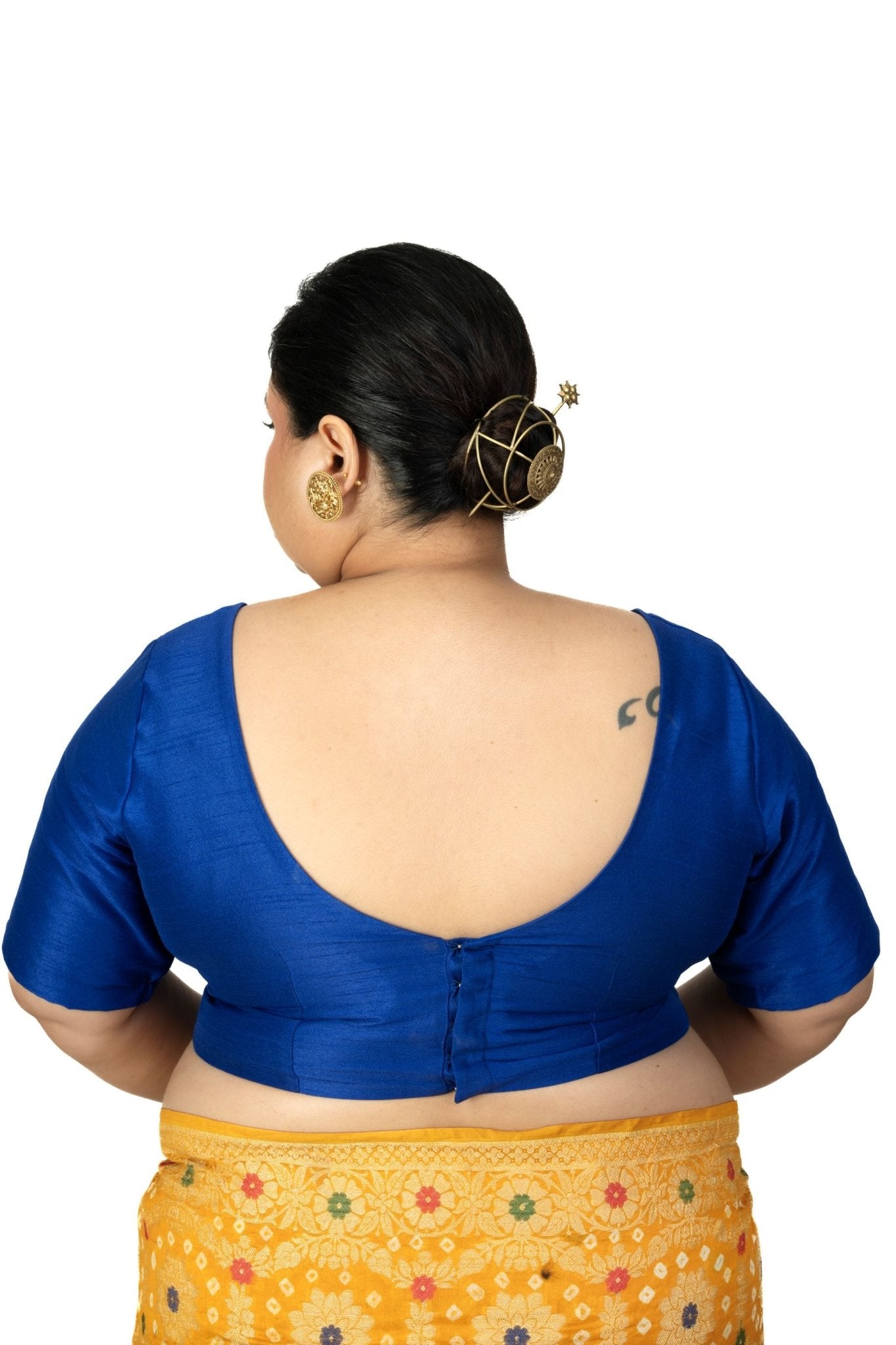 Blue Raw Silk Sweetheart Neckline Blouse with Elbow Sleeves - Anvi Couture