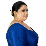 Blue Raw Silk Sweetheart Neckline Blouse with Elbow Sleeves 
- Image 3