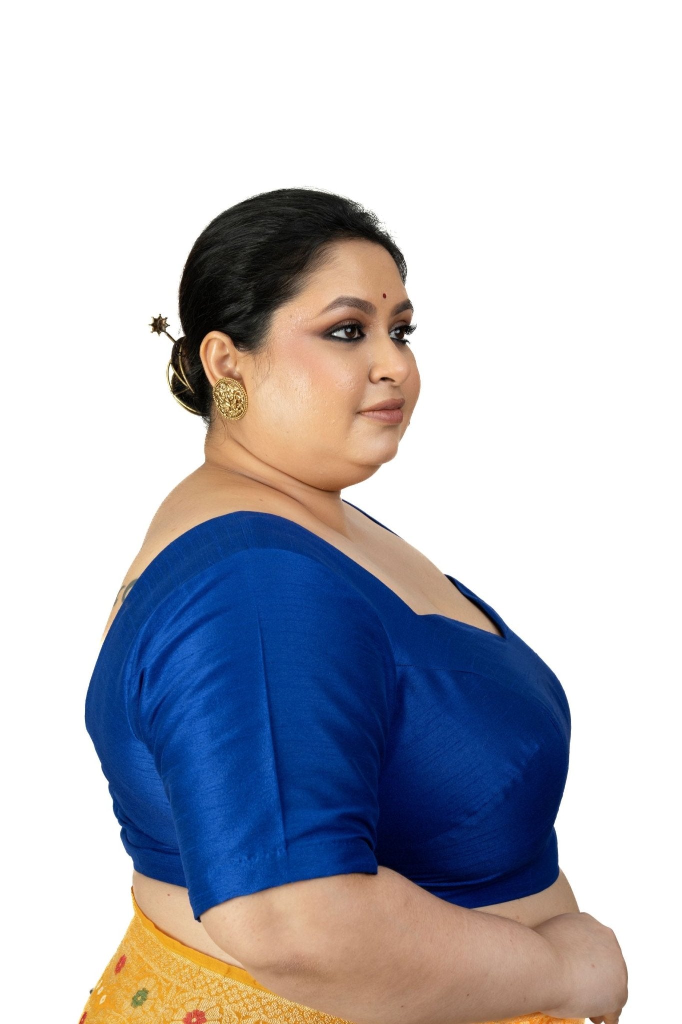 Blue Raw Silk Sweetheart Neckline Blouse with Elbow Sleeves - Anvi Couture