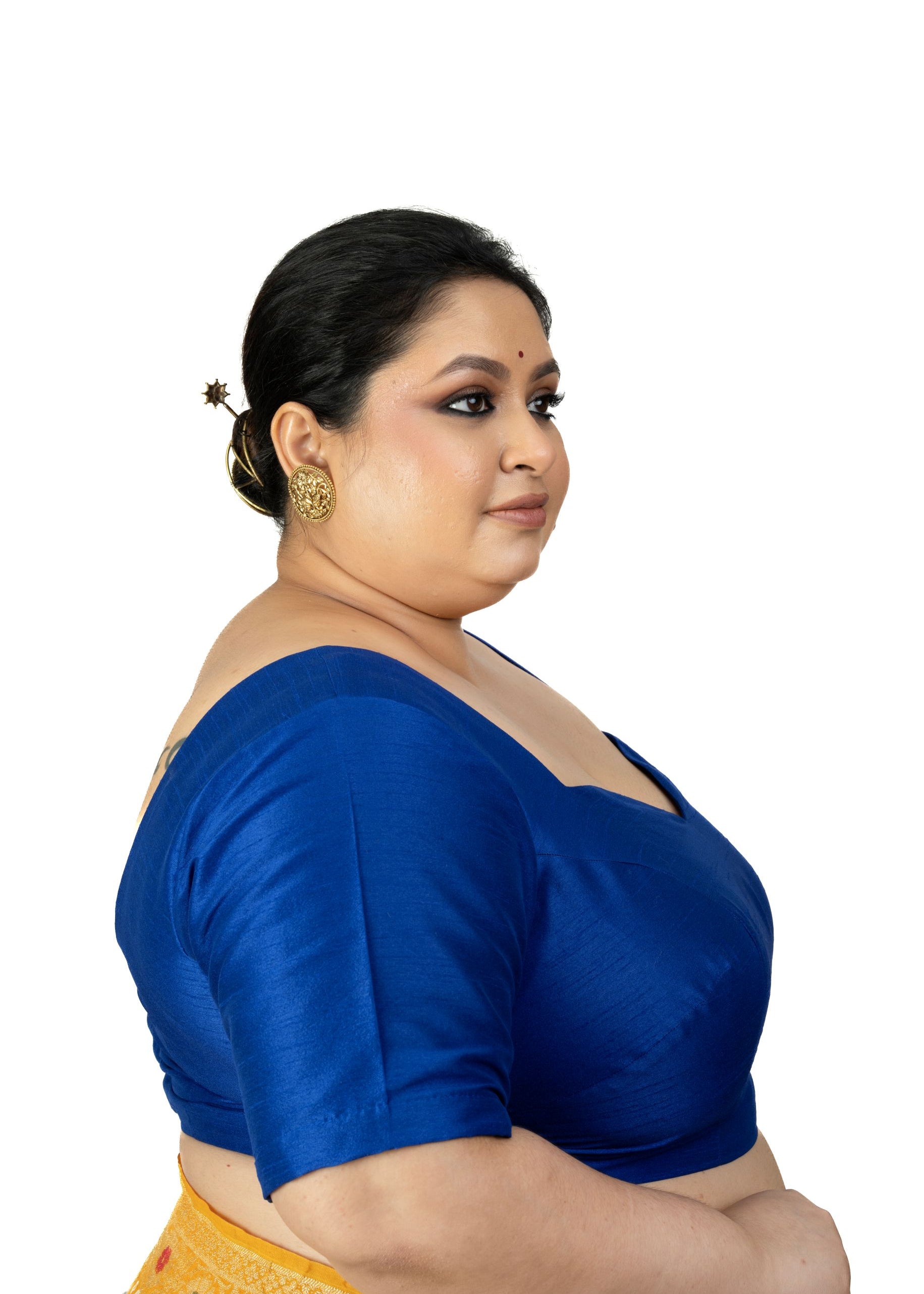 Blue Raw Silk Sweetheart Neckline Blouse with Elbow Sleeves 
- Image 3